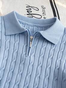 Boys' Blue Turn-Down Collar Half-Zip Long Sleeve Knitted Sweater With 3D Cable Knit Pattern, Minimalist Preppy Casual Versatile Pullover, Suitable For School Daily Wear In Spring, Autumn And Winter - Blue - View 3