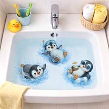 1/2 Sheets Cute Cartoon Penguin Bathroom Sink Decals, Self-Adhesive Removable PVC Wall Stickers For Kids Room Nursery Decor Toilet Sticker - Multicolor - View 2
