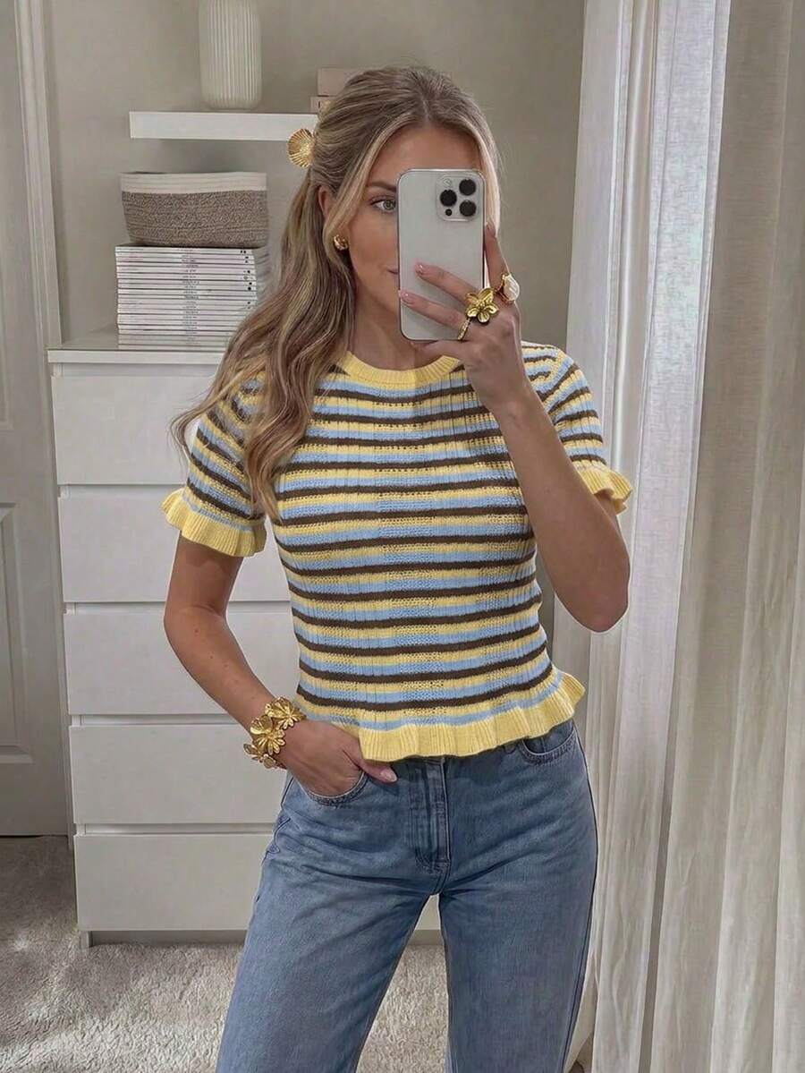 Women's Summer Striped Patchwork Round-Neck Short-Sleeve Knitted Top With Casual Ruffle Decorations, Suitable For Everyday Dates