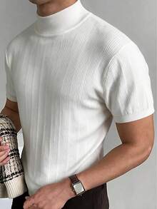 Men's White Ribbed Half-High Neck Short Sleeve Knit Pullover T-Shirt, Textured Slim Fit Casual Commuter Top For Spring, Summer, Autumn - White - View 1