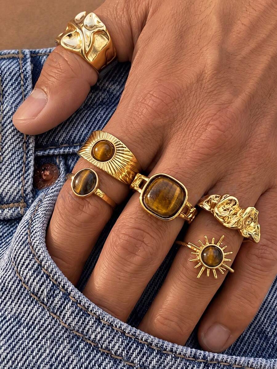 6pcs Fashion Elegant Open Ring Set With Fashion Glasses, Cat Eye And Geometric Pattern, Casual Vintage Old Money Style For Men - Yellow Gold - View 1