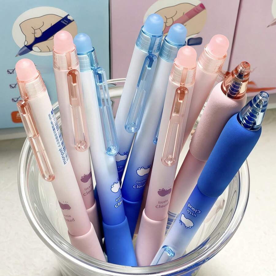 14pcs Cloud Clickable Erasable Pens - 0.5mm Tip/Blue - With Replacement Refills - Smooth Writing/Clear Handwriting - Student Essential Stationery/Teacher Office Supplies - Back To School/Birthday/Holiday Gift - Student Reward - Sets - View 1