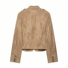 THREADLY Autumn New Women's European And American Style Fashion Minimalist Versatile Long Sleeve Knot Button Suede Texture Jacket - Brown - View 4