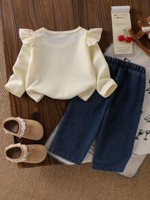 Baby Girl Spring/Autumn Casual 2-Piece Set, Waffle Knit Flutter Sleeve Long Sleeve Denim Cherry Bow Print Top + Dark Denim Frayed Hem Cherry Patchwork Straight Leg Pants - Apricot - View 3
