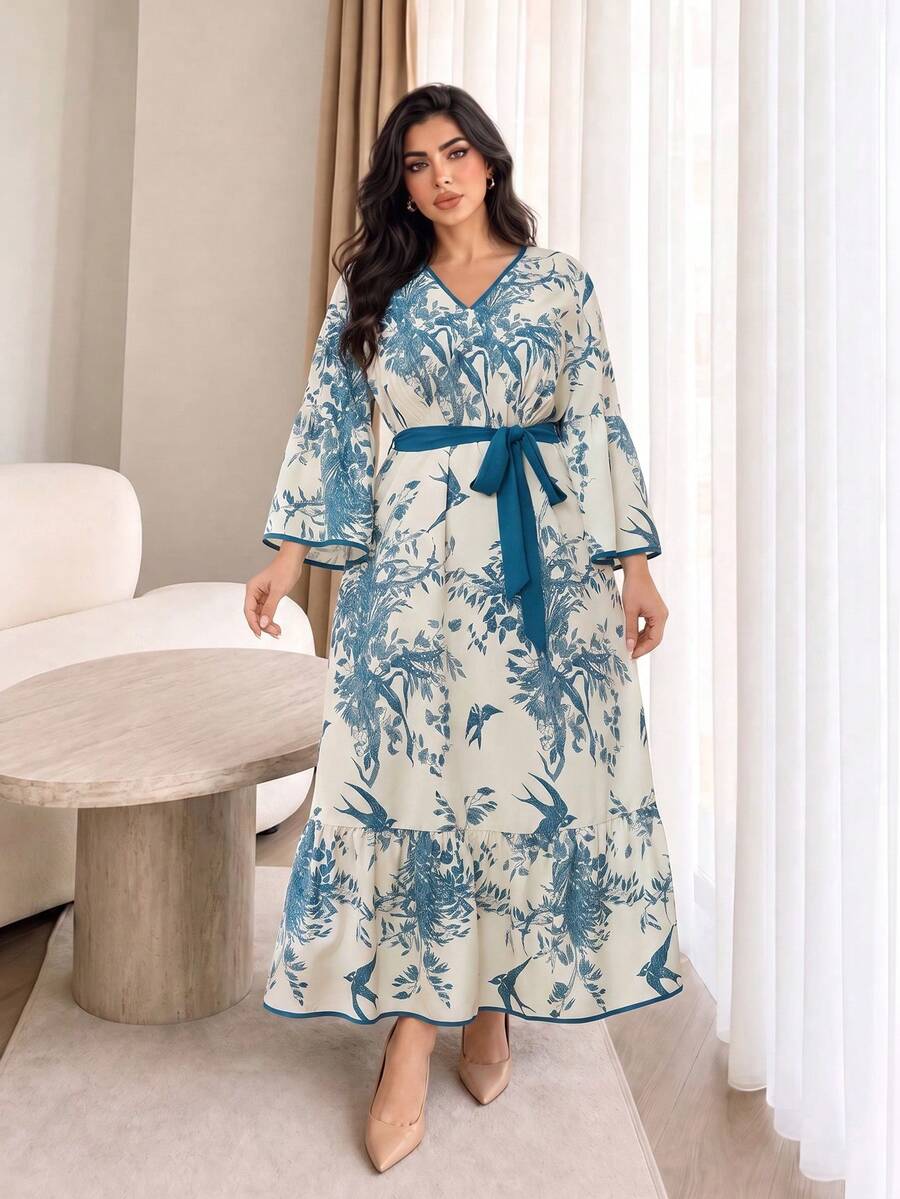 Plus Size Geometric Print Woven Fabric Ruffle V-Neck Bell Sleeve Long Umbrella Hem Dress For Women, Casual Autumn - Multicolor - View 1