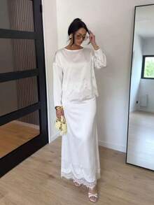 Women's White Non-Stretchy Two Pieces Outfits Sleeve Lace Trim Maxi Set For Daily Lounge Wear - White - View 2