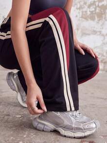 Knot & Curve Women's Long Pants, Autumn Vintage Colorblock Straight Leg Pants, Side Stripe Webbing Drawstring Waist Loose Drape Sporty Pants - Black - View 3