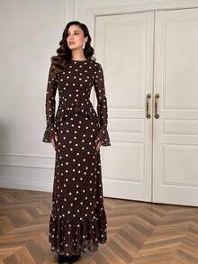 Women's Elegant Long Ruffle Hem Polka Dot Dress - Brown - View 6