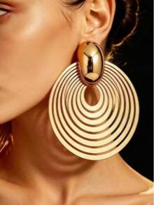 1 Pair Of Retro Exaggerated Style Shiny Multi-Layer Concentric Hollow Design Oversized Circular Earrings, Party Evening Stage Accessories - Gold - View 2