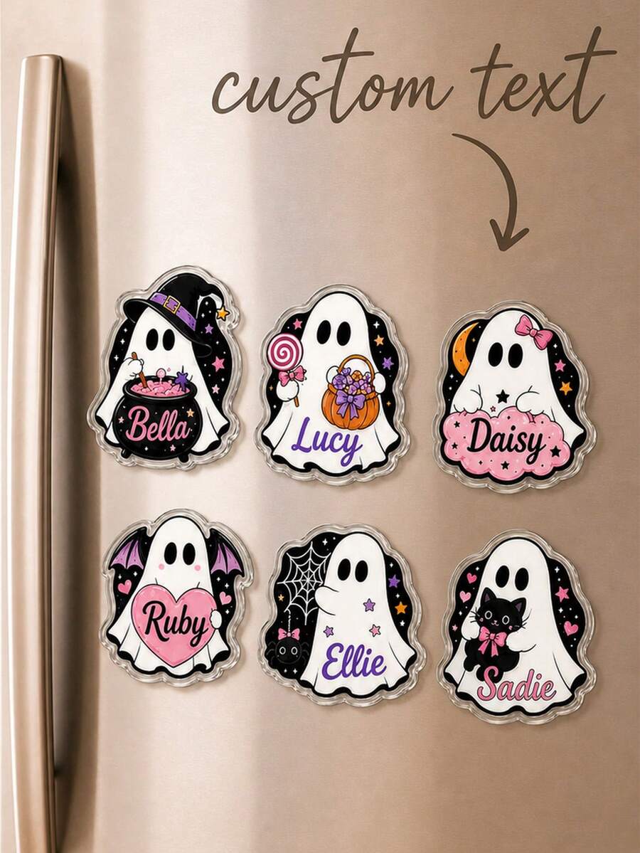 Custom Name Halloween Ghost Refrigerator Magnet, Personalized Fridge Magnet, Spooky Ghost Decor With Pumpkin, Candy And Black Cat Artwork, Refrigerator Decor For Halloween Parties, Home Decor, Halloween Gift For Kids, Friends And Ghost Lovers. - Multicolor - View 1