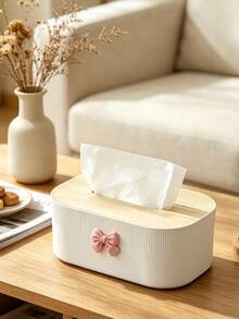 Cute Bow Decor Tissue Box, Minimalist Wood Grain Napkin Dispenser, Bedroom Living Room Office Desktop Tissue Holder, Home Decor Organizer, Rectangular Vertical Striped Tissue Storage Rack, Bedroom, Living Room, Office, Car Desktop Napkin Container, Beautiful Home Decor Organizer, Gift Choice - Multicolor - View 3