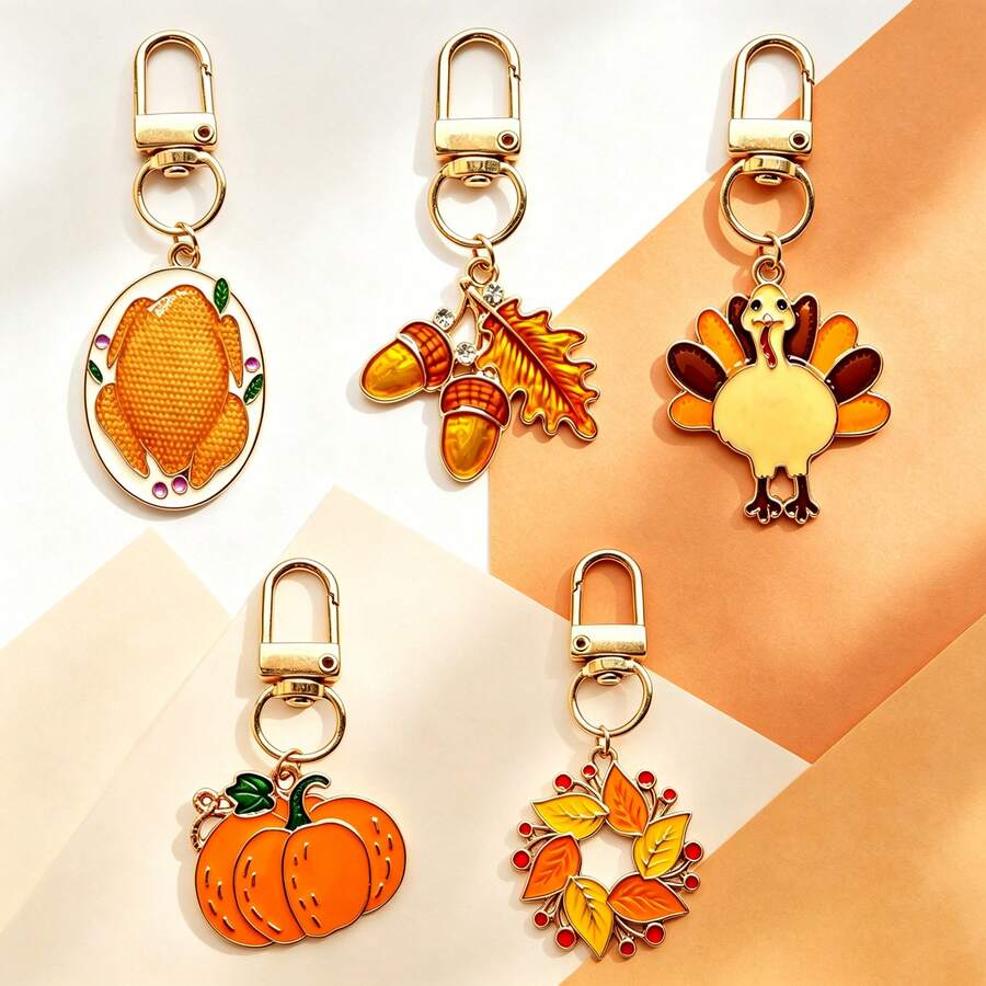 1pc Unisex Autumn Vintage Thanksgiving Pumpkin Turkey Acorn Leaf Wreath Roasted Chicken Enamel Metal Keychain Backpack Pendant Small Gift - Multicolor - View 1