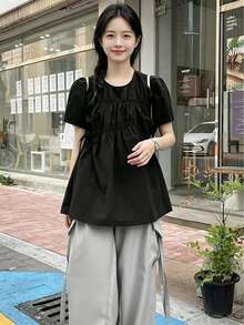 2025 Summer Women Korean Style Drawstring Round Neck Top Black - Black - View 2