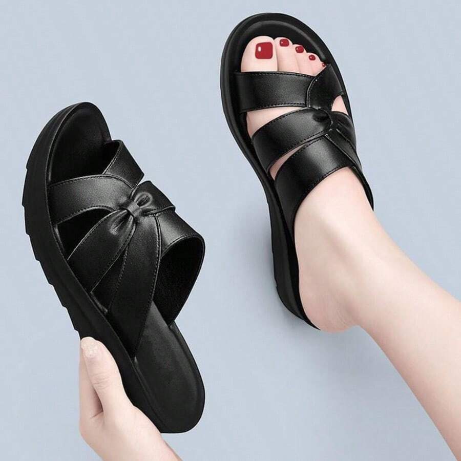 Sandalias de suela gruesa con talón de mujer,zapatillas de casa de un solo color para mujer, antideslizantes y resistentes al desgaste, ideales para madres de mediana edad - Negro - Ver 1