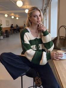 Women Autumn Striped Knit Cardigan V Neck Tie Front Long Sleeve Fall Outfits For Women Casual Tops - Multicolor - View 3