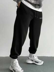 Men's Music Note Print Winter 3-Layer Fleece Lined Loose Fit Elastic Cuff Pure Cotton Black Jogger Sweatpants - Black - View 2