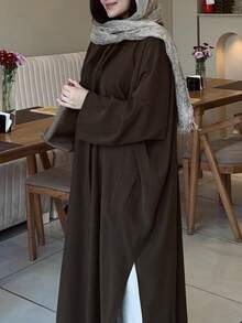 Women's Loose Casual Long Sleeve Collared Long Shirt With Front Buttons, Side Slits And Pockets, Solid Color, For Daily Wear And Dating - Brown - View 8