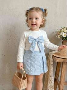2pcs Baby Girl Fresh Soft 3D Bow Long Sleeve Top & Skort Set, Lightweight Spring/Autumn - Baby Blue - View 1