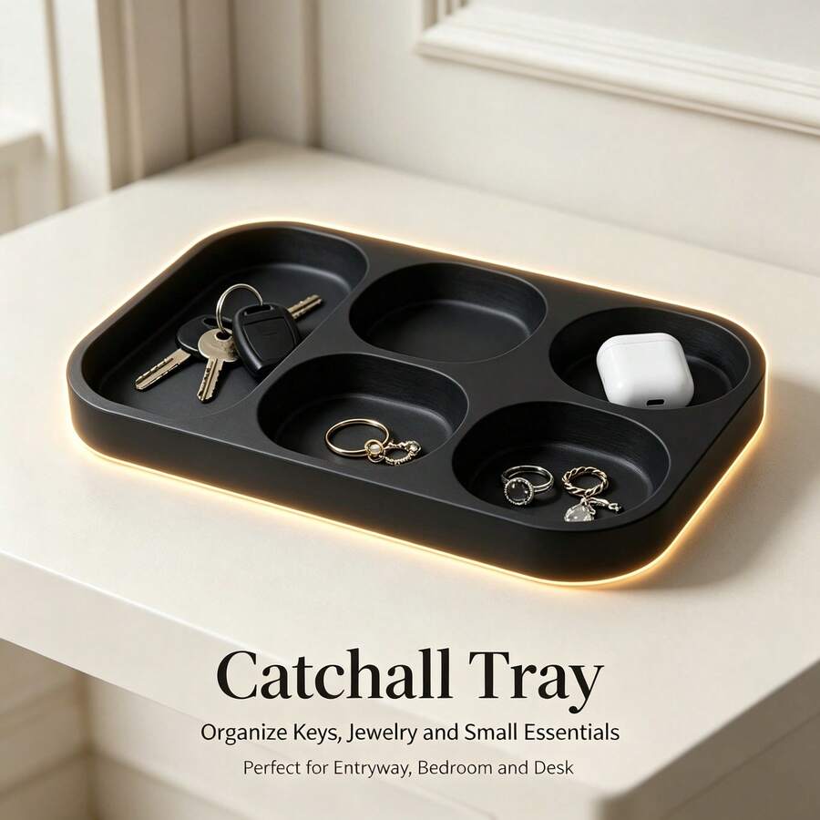Nampan Penyimpanan Multi-Kompartemen, Hitam untuk Pintu Masuk, Kamar Tidur, Nampan Organizer Meja, Kotak Penyimpanan Multi-Kompartemen, Dapat Menyimpan Kunci, Perhiasan, Cincin, Earphone Bluetooth, Jam Tangan, dan Berbagai Barang Kecil, Nampan Meja Samping Tempat Tidur Dekoratif dan Modis - Hitam - View 1
