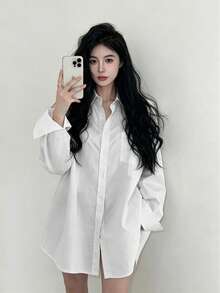YCYC 休閒百搭極簡純色落肩寬鬆女款襯衫 白色 - 白色 - 查看 4