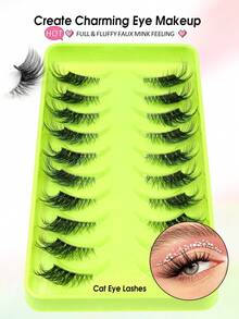 10 Pairs Half Eyelashes, Tail Extended Cat Eye Fox Eye Eyelashes, Outer Corner Extended Style, Daily Reusable False Eyelashes, Long Soft 3D Faux Mink Hair Eyelash Extensions For Makeup - Black - View 4