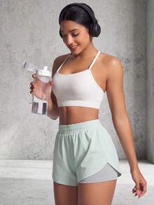1 pieza Pantalones cortos de mujer, 2 en 1 de unicolor con forro, pantalones deportivos 2 en 1, cintura elástica conjunto de 2 piezas, adecuado para correr, deportes, yoga, fitness en verano - verde menta - Ver 3