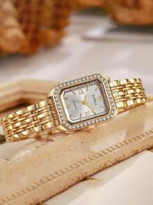 Women's Gold Square Quartz Watch With Rhinestone Bezel, Roman Numeral Dial, Metal Strap, Elegant Wristwatch, Birthday Christmas Gift - Gold - View 2