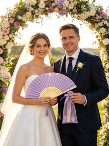 Light Purple Folding Fan Set, Including A Fan, A Small Pouch, And A Bow; A Portable Folding Fan Set Suitable For Weddings, Parties, And Event Decor. - Multicolor - View 8