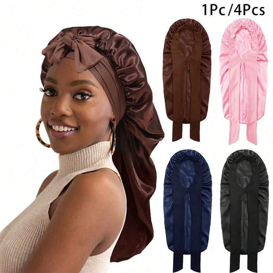 Awegeo 2pcs Long Bonnet Women Solid Satin Lined Extra Long Sleep Cap - Comfortable Sleeping Hair Care Cap, Suitable For Long Curly Hair