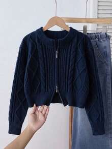 Girls' European Style Solid Color Argyle Short Knit Cardigan Sweater, Twisted Rope Knit, Long Sleeve, Suitable For School, Daily Casual, Spring, Autumn, Winter - Navy Blue - View 4