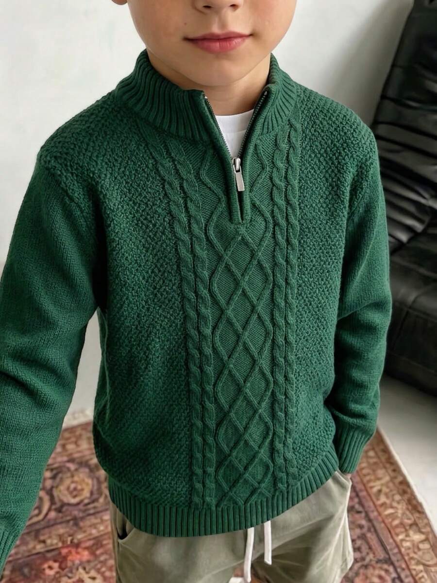 Boys' Preppy Solid Color Cable Knit Half-Zip Pullover Sweater, Suitable For School, Spring, Autumn, Winter - Green - View 1