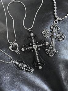 4pcs Vintage Gothic Alloy Rhinestone Cross Coffin Skull Melting Heart Necklace, Suitable For Women Street Party Wear - Multicolor - View 6