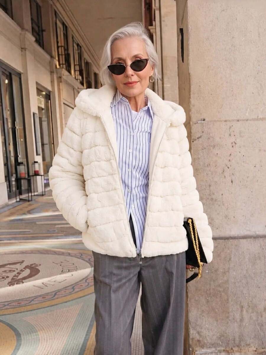 Women's Faux Fur Hooded Pocket Jacket - Perfect Choice For Autumn/Winter - White - View 1