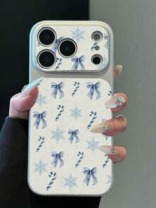 1pc TPU Material Blue Snowflake Bow Candy Pattern Phone Case Suitable For Apple 17promax/17/16promax/15/13/12/11 Large Window Film Full Coverage Anti-Drop Soft Shell Phone Protective Cover - Silver - View 1