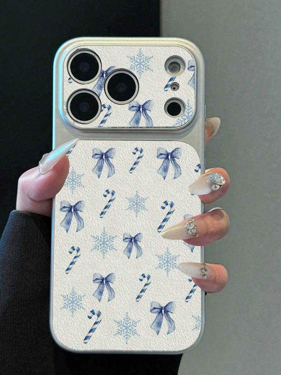 1pc TPU Material Blue Snowflake Bow Candy Pattern Phone Case Suitable For Apple 17promax/17/16promax/15/13/12/11 Large Window Film Full Coverage Anti-Drop Soft Shell Phone Protective Cover - Silver - View 1