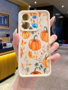 1pc Fashion Pure Android TPU Material Pumpkin Vine Leaf Autumn Element Pattern Lens Protection Thick Anti-Fall Anti-Fingerprint Beige Diamond Sand Phone Case Compatible With Samsung/Transsion/HONOR/ - Beige - View 1