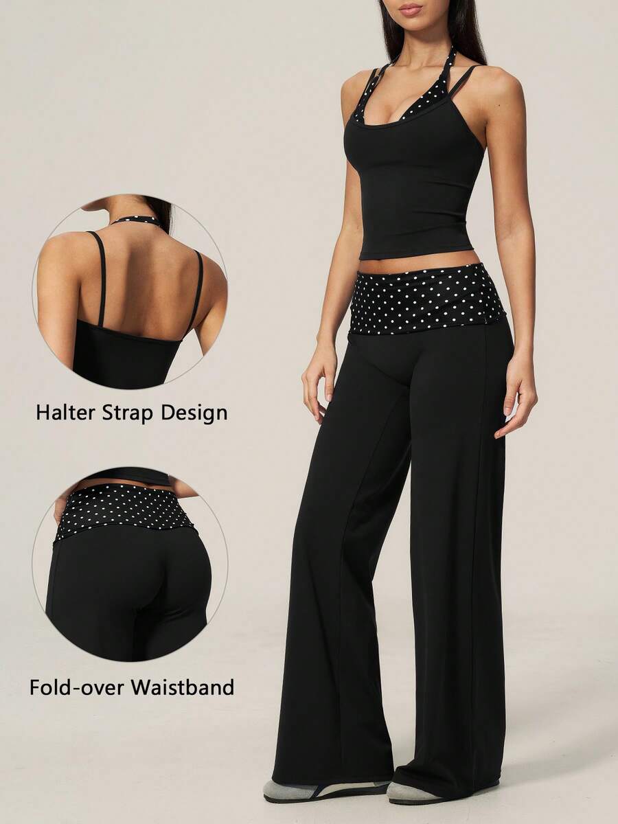 TimeOff Setelan Olahraga Wanita Satu Set Polkadot 2 In 1 Patchwork Atasan Tank Top Tali Bahu Tipis & Celana Panjang Lebar - Hitam - View 1