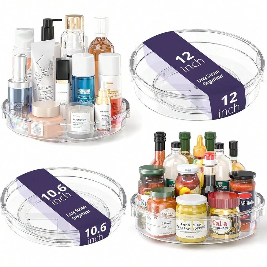 2Pcs Clear Rotating Storage Turntable Set, 360 Degree Spinning Organiser Tray, Multi‑Purpose Lazy Susan For Cupboard, Fridge, Countertop, Kitchen, Bathroom & Pantry Storage Tidy - View 1