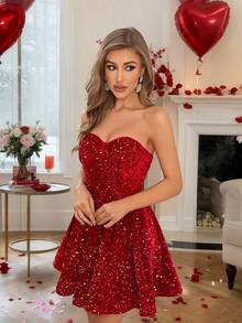 Women Red Sequin Dress Strapless Sweetheart Neck Mini Cocktail Dress Elegant Ruched Waist Party Outfit Wedding Guest Evening Formal Dress - Red - View 6