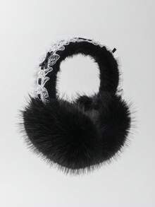 GARASSACC 1pc Women's Lace Pearl Bow Ribbon Plush Warm Foldable Earmuffs - Solid Color - View 7
