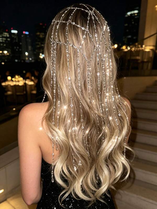Exquisite Shiny Hollow Mesh Hair Chain Tassel Hair Accessory For Women, Versatile For Party And Banquet, Autumn