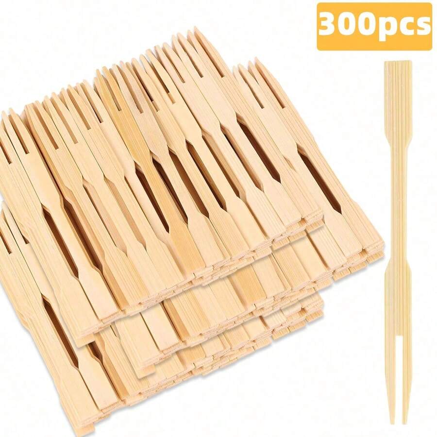 100/200/300pcs Disposable Bamboo Fruit Forks, Double-Prong Mini Forks 9cm/3.54inch Smooth And Easy To Insert, Suitable For Birthday Parties, Afternoon Tea, Picnic, Camping, BBQ, Buffet, Fruit Platter - Multicolor - View 1
