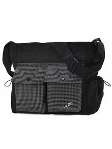 Men's Nylon Colorblock Plaid Student Commuter Bag, Cargo Style Style Tote Bag With Drawstring, Multiple Pockets, Casual Large Capacity Shoulder Crossbody Bag - Multicolor - View 15
