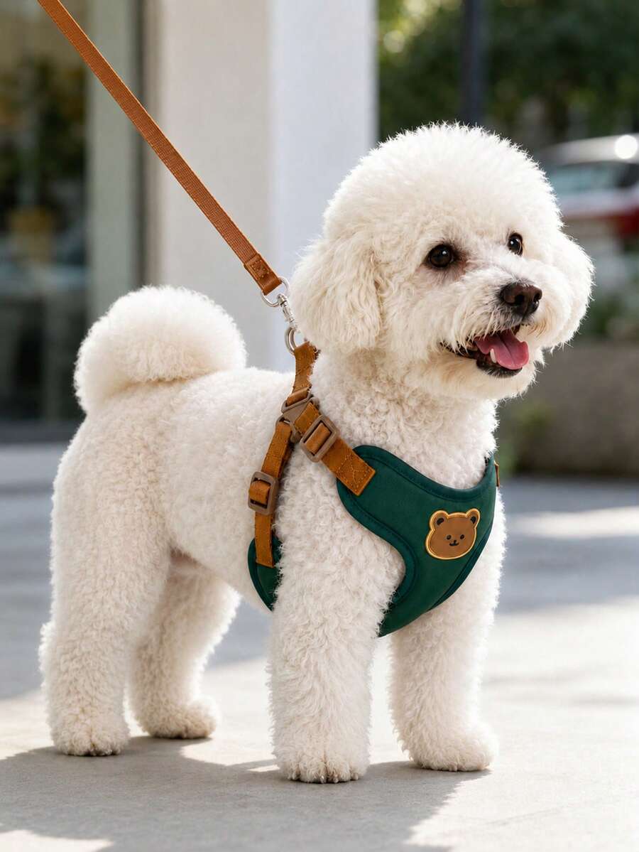 This Breathable And Comfortable Pet Leash Set Is Green With A Cute Teddy Bear Print. Designed Specifically For Small Teddy Dogs During Outdoor Walks, It Can Be Paired With A Pet Collar.