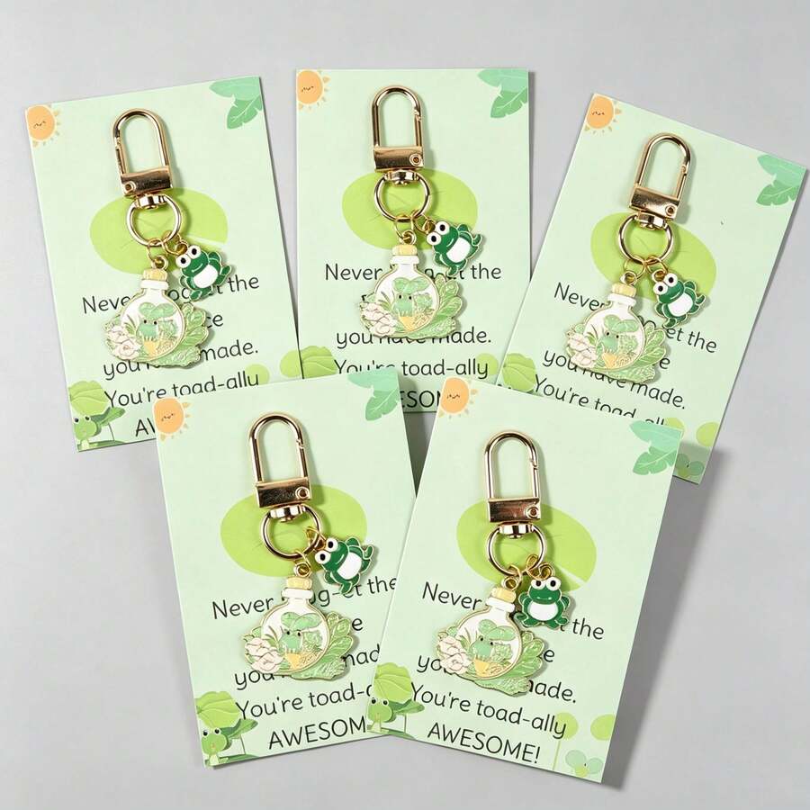 5 Gantungan Kunci Katak Lucu dengan Kartu Penyemangat, Liontin Katak, Hadiah Kecil Unik yang Sempurna untuk Teman dan Keluarga, Dekorasi Gantungan Tas - MultiWarna - View 1