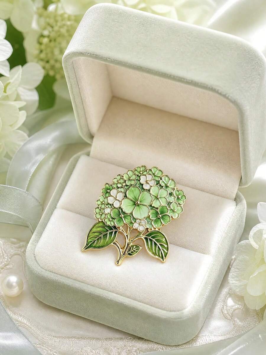 Light Green Gradient Hydrangea With Leaves Brooch, Daily Outfit Accessory, Mori Style, Exquisite Small Gift For Friends - A - View 1
