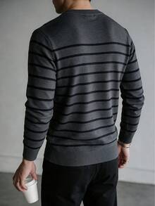 Men's Gray & Black Contrast Striped Crew Neck Textured Knit Sweater, Long Sleeve Pullover, Casual Commute Inner Layer Top, Autumn/Winter - Dark Grey - View 2