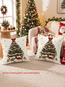 1/2/4Pcs Retro Snowy Christmas Tree Decorative Pillow Cover,Gingerbread Man Gift Box Snowy Xmas Tree Print Cushion Case,Cozy Farmhouse Xmas Home Decor - Multicolor - View 7