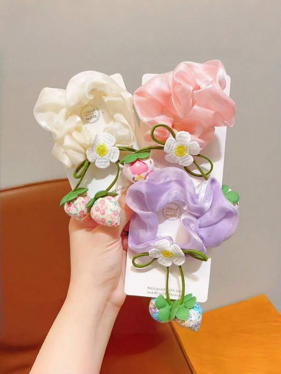 1pc Flower Strawberry Pendant Hair Scrunchie, Semi-Transparent Satin Flower Decor Hair Tie, Sweet Decorative Women's Hair Accessory - Multicolor - View 1