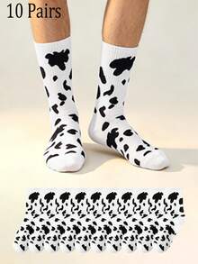3/5/10 Pairs Men's Cow Print Mid-Calf Socks, Black And White Spotted Socks, Soft Breathable Casual Street Style Mid-Calf Socks - Black and White - View 9